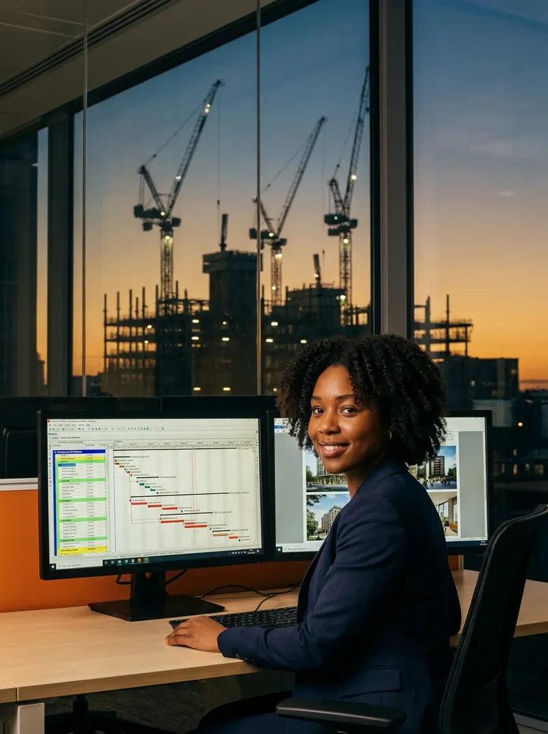 A construction planner working at a desk with a Primavera P6-style schedule on screen